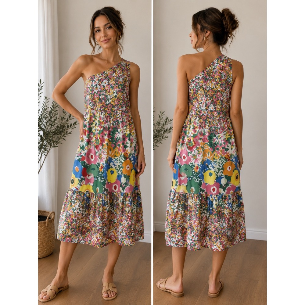 Sarah Campbell Anthropologie Floral One Shoulder Tiered Midi Dress Multi Color S